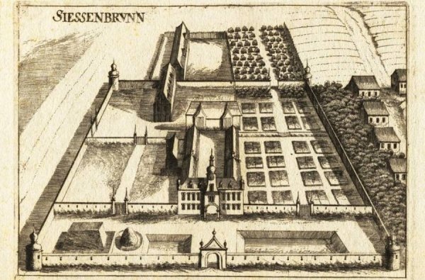 „Siessenbrunn“ auf einem Kupferstich von Georg Mathias Vischer aus dem Jahr 1672.